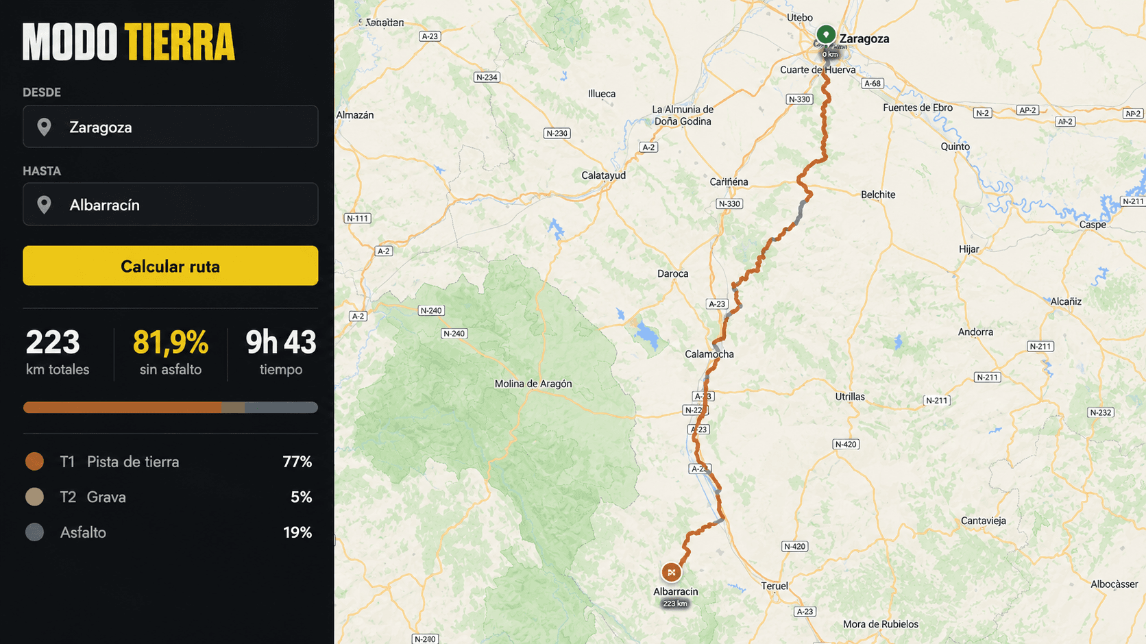 Mockup del diseño de la app: pantalla de ruta con el trayecto Zaragoza–Albarracín como ejemplo